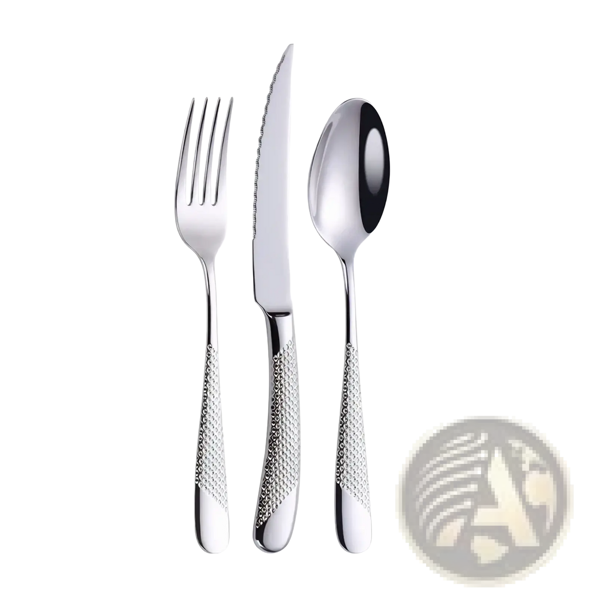 Silver-toned stainless steel luxury cutlery set with fork knife and spoon featuring textured diamond-patterned handles