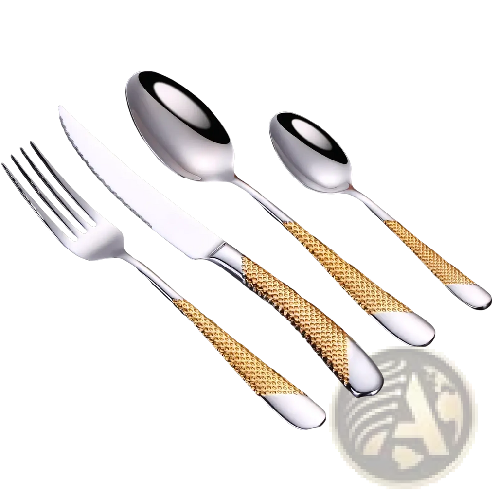 Set of four stainless steel luxury cutlery with gold-tone textured handles for elegant silver dinnerware use