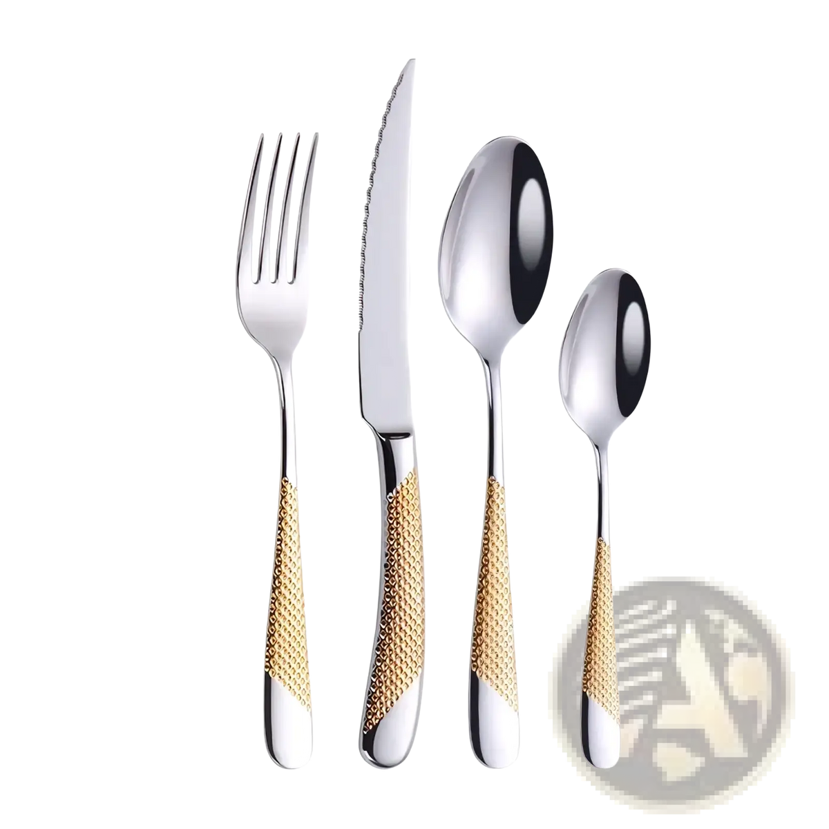 Elegant stainless steel luxury cutlery set with silver and gold-tone textured handles for sophisticated dining