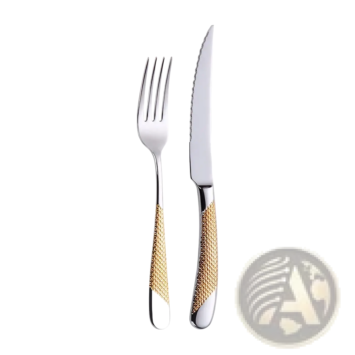 Silver fork and knife set with gold-tone textured handles in stainless steel luxury cutlery silver dinnerware set