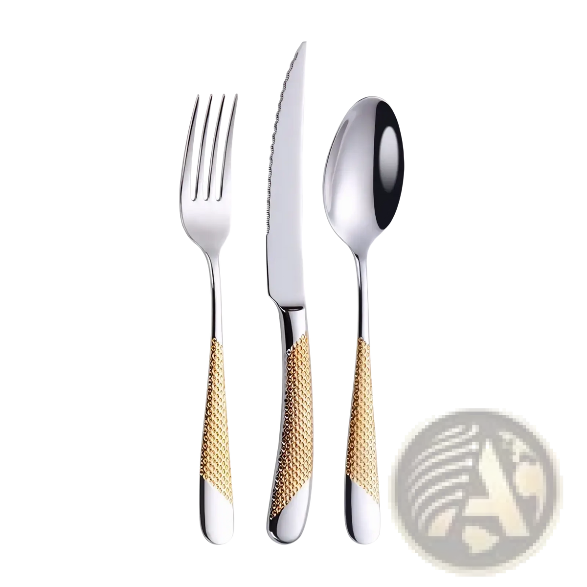 Stainless steel luxury cutlery set with gold-tone textured handles for elegant silver dinnerware use