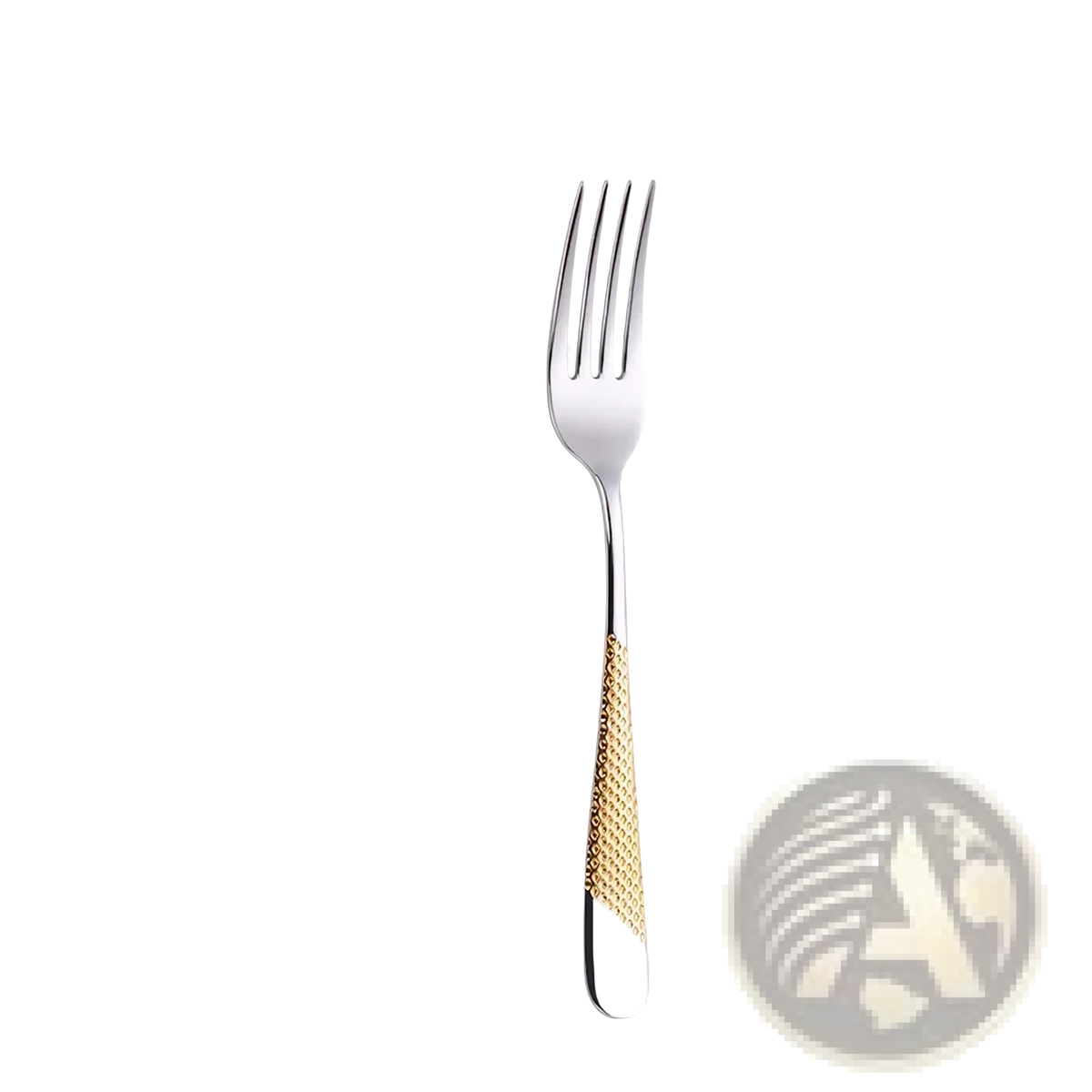 A sleek stainless steel fork with a gold-toned textured grip from a luxury silver dinnerware set