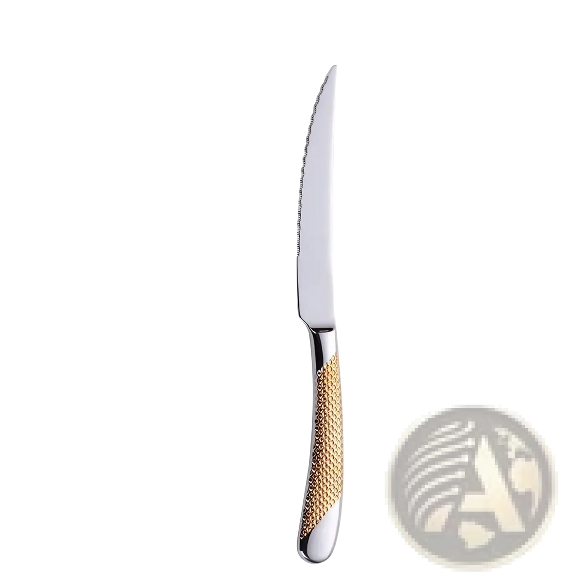 A sleek 23cm stainless steel dinner knife with gold-toned textured handle and serrated blade from luxury cutlery set