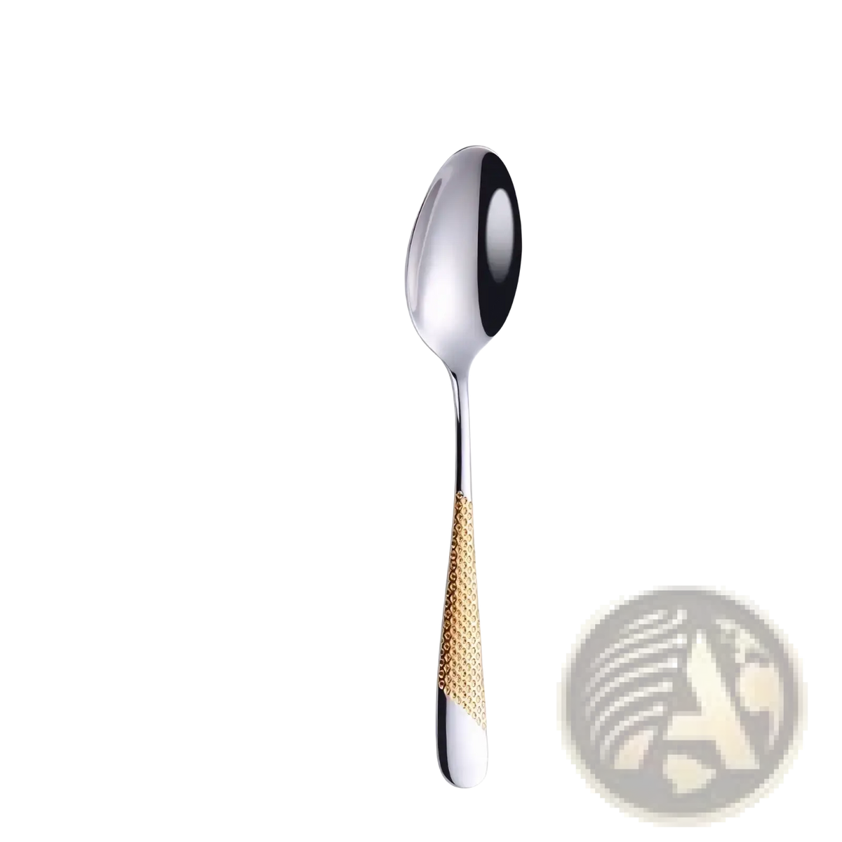 A sleek 20cm stainless steel spoon with polished silver bowl and gold-toned textured grip from luxury cutlery set