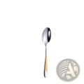 A sleek stainless steel luxury spoon with polished silver finish and elegant gold-toned textured band