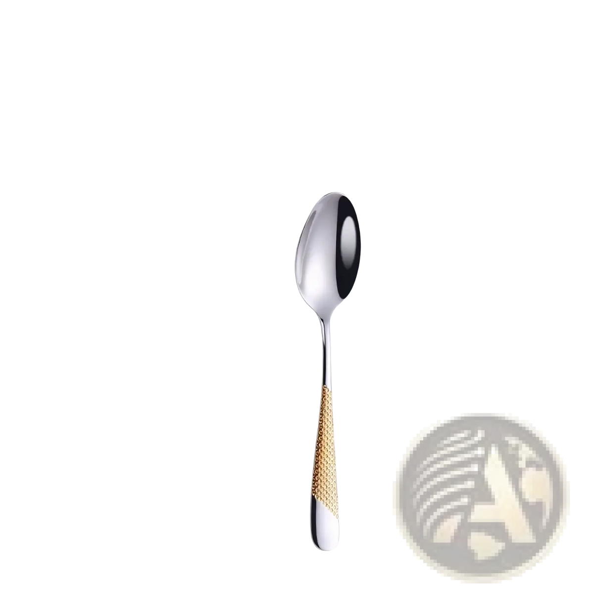 A sleek stainless steel luxury spoon with polished silver finish and elegant gold-toned textured band