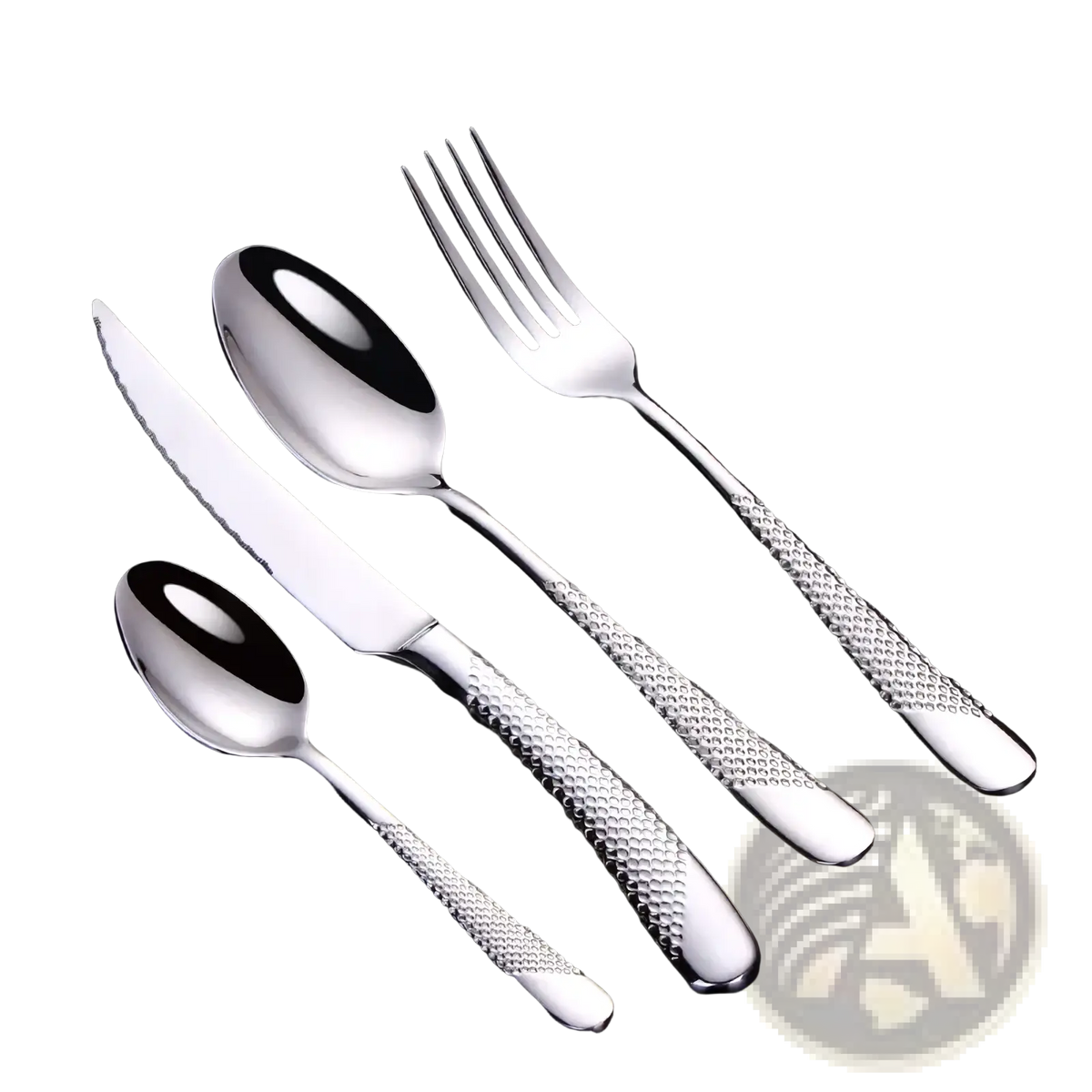 Stainless steel luxury cutlery set with shiny silver textured diamond-patterned handles for elegant dinnerware use