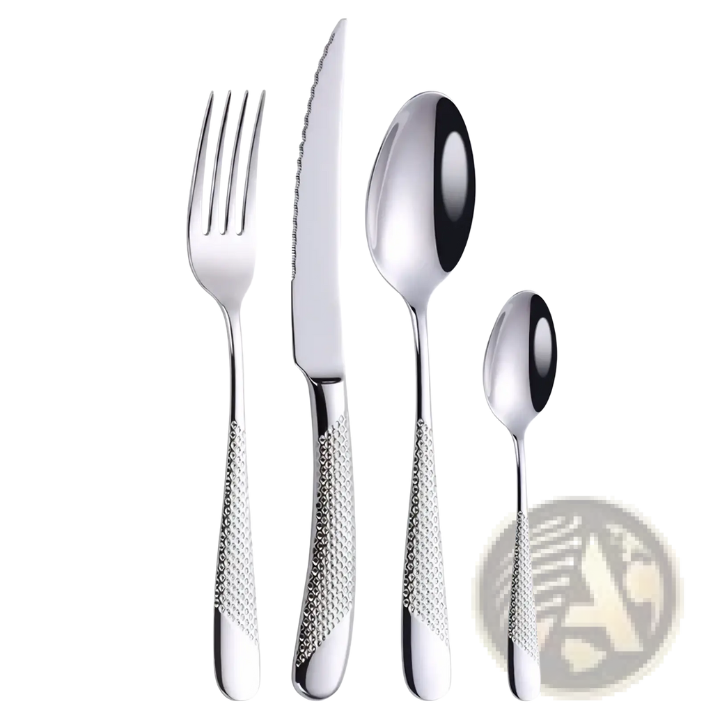 Shiny stainless steel luxury cutlery set with textured diamond-patterned silver handles for elegant dining