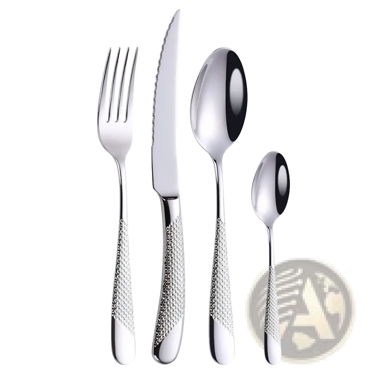 Shiny stainless steel luxury cutlery set with textured diamond-patterned silver handles for elegant dining