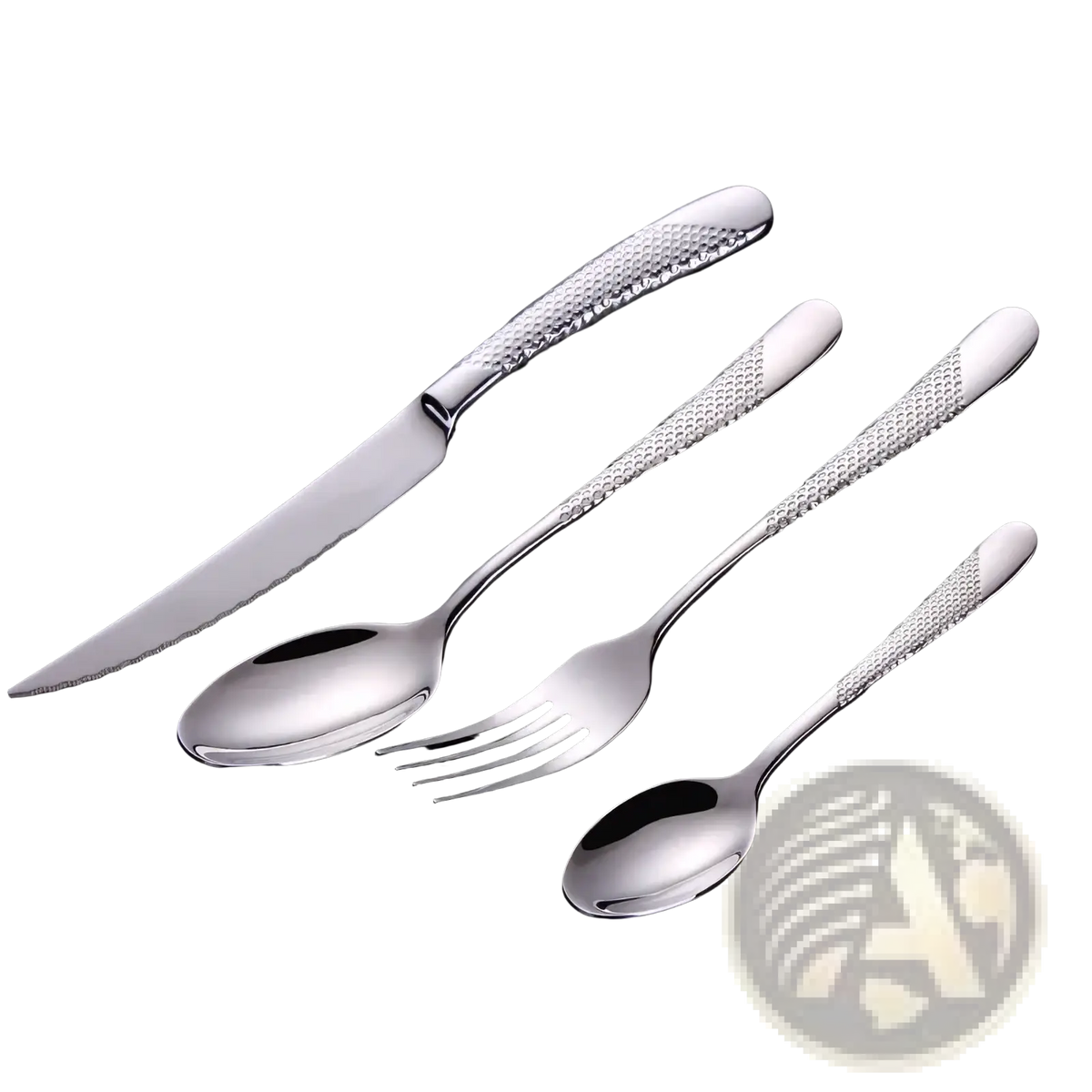 Shiny stainless steel luxury cutlery set with textured diamond-patterned silver handles for elegant dining