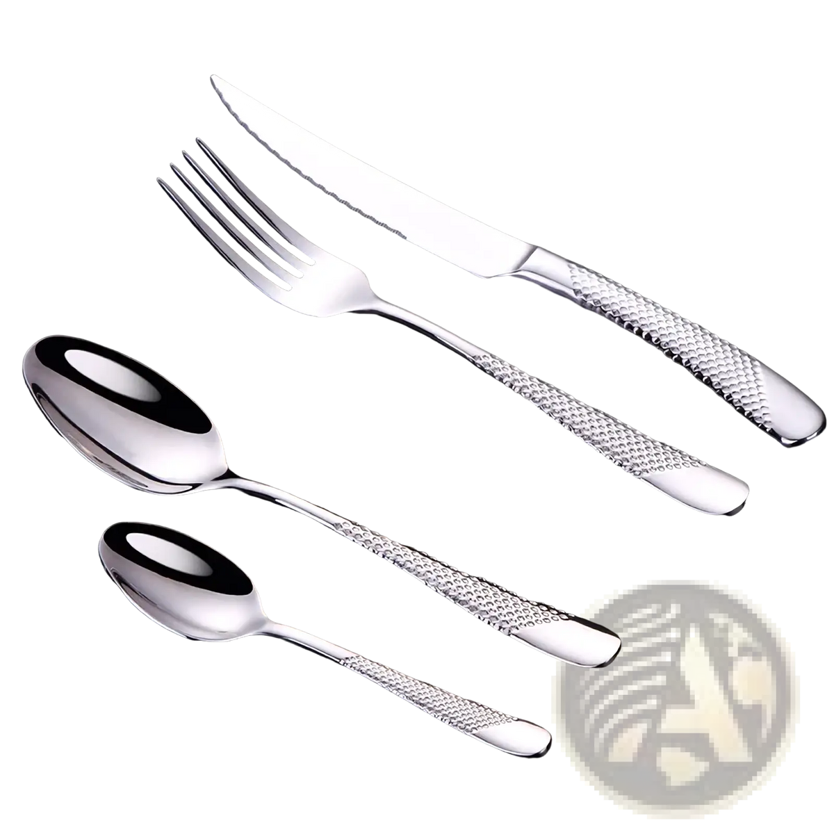 Shiny stainless steel luxury cutlery set with textured diamond-patterned silver handles for elegant dining