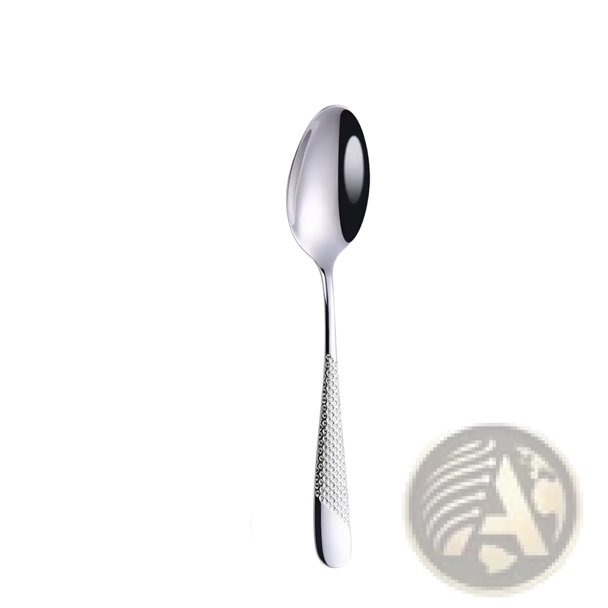 A sleek 20cm stainless steel spoon with polished reflective bowl and textured grip from stainless steel luxury cutlery set