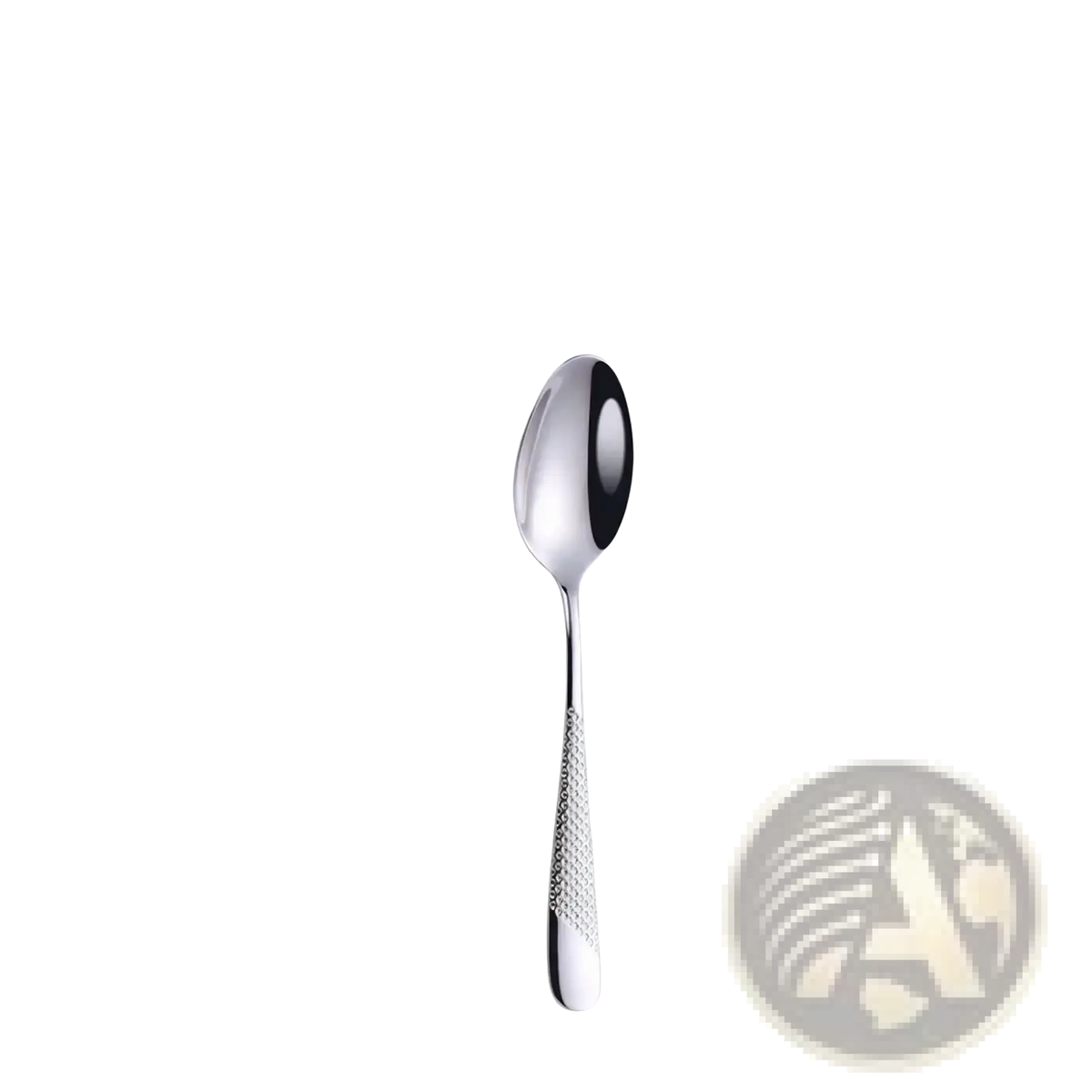 A sleek 14.7cm stainless steel silver spoon with polished bowl and textured grip handle from luxury cutlery set
