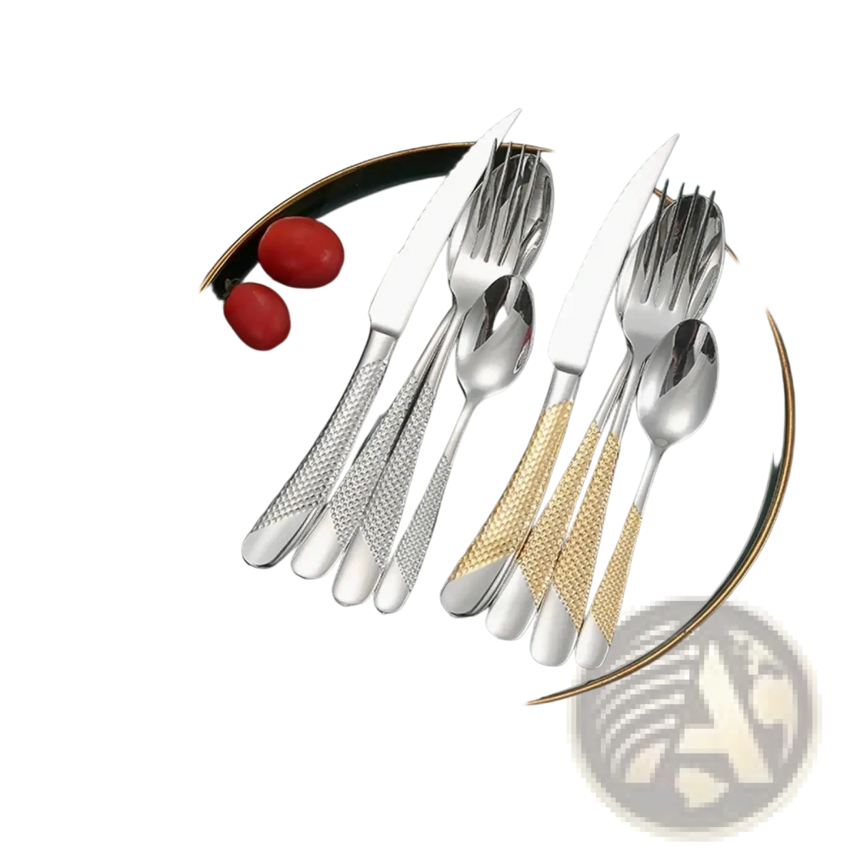 Stainless steel luxury cutlery set with textured silver and gold handles arranged on a dark plate