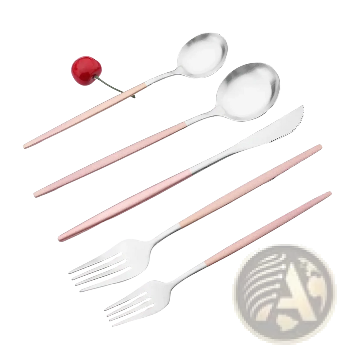 Set of four stainless steel luxury cutlery with rose gold finished handles including spoons knife and forks