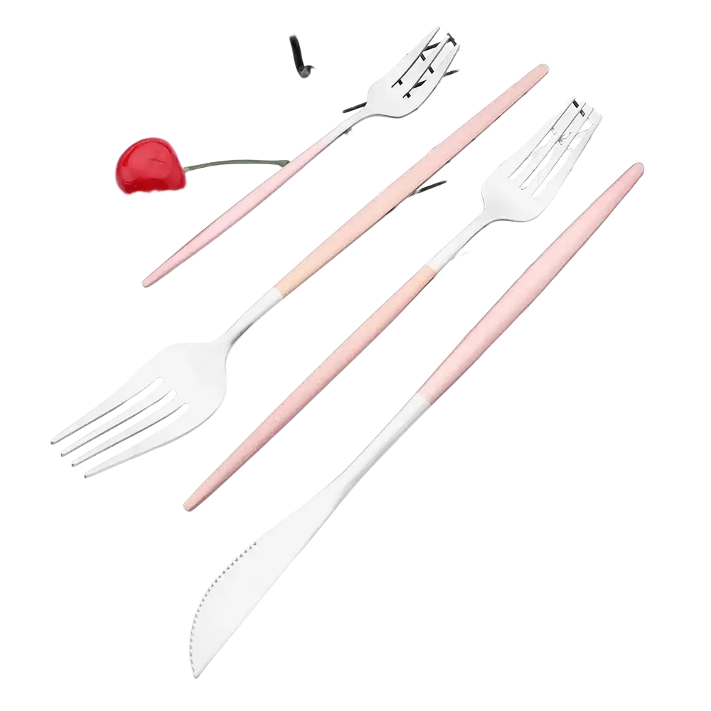 Set of four pastel pink and white two-tone stainless steel cutlery pieces from the stainless steel luxury pink cutlery set