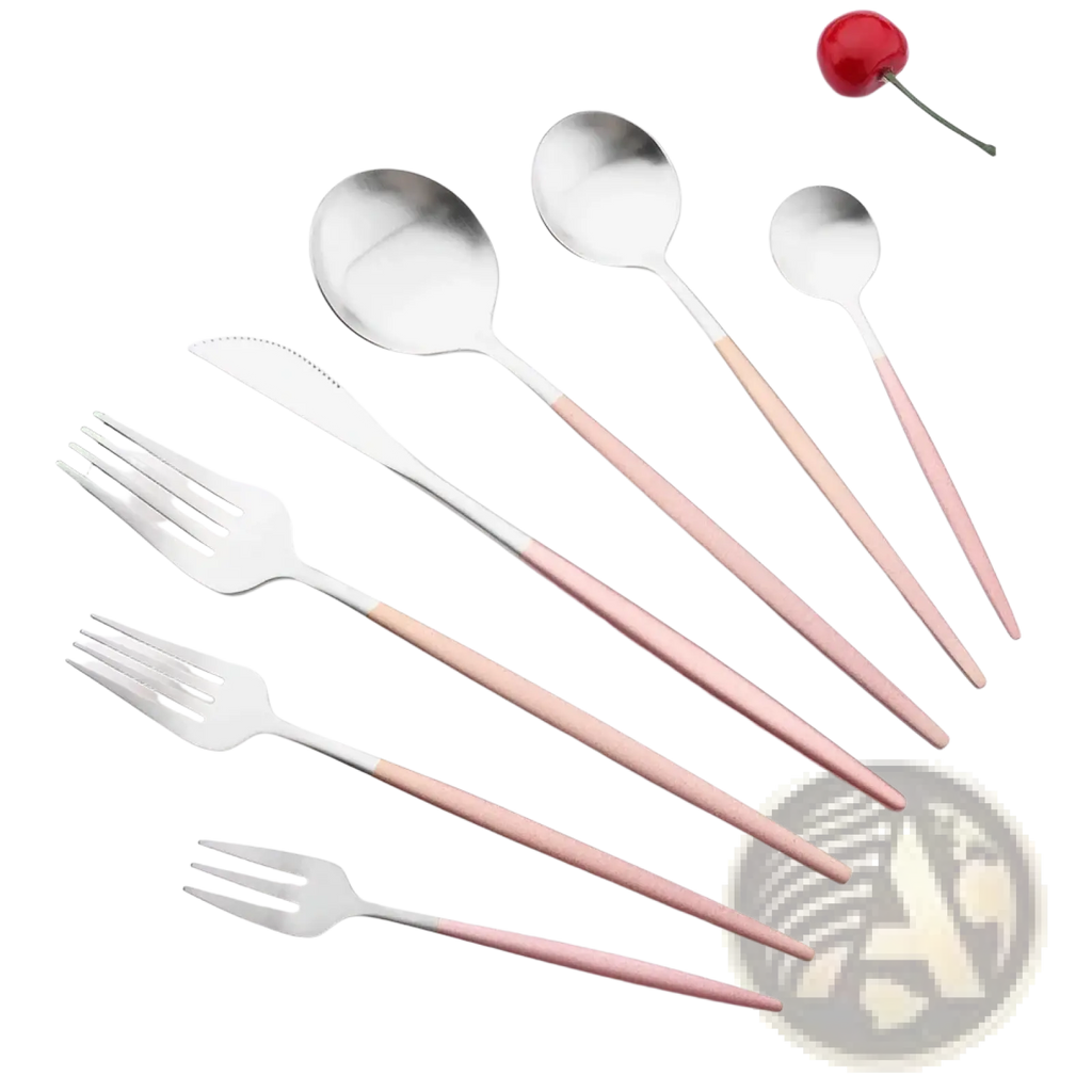 Set of modern stainless steel luxury pink cutlery with stainless steel heads and rose gold finished handles