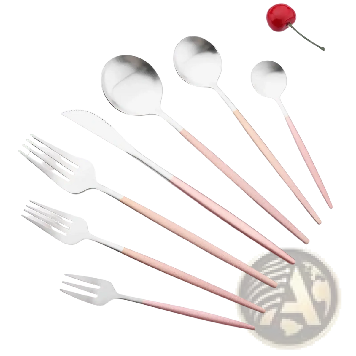 Set of modern stainless steel luxury pink cutlery with stainless steel heads and rose gold finished handles