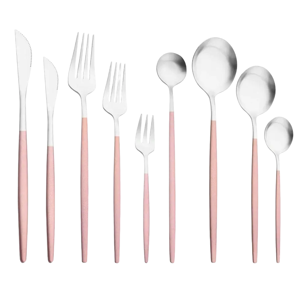 Set of stainless steel luxury pink cutlery with sleek pink handles and polished stainless steel heads