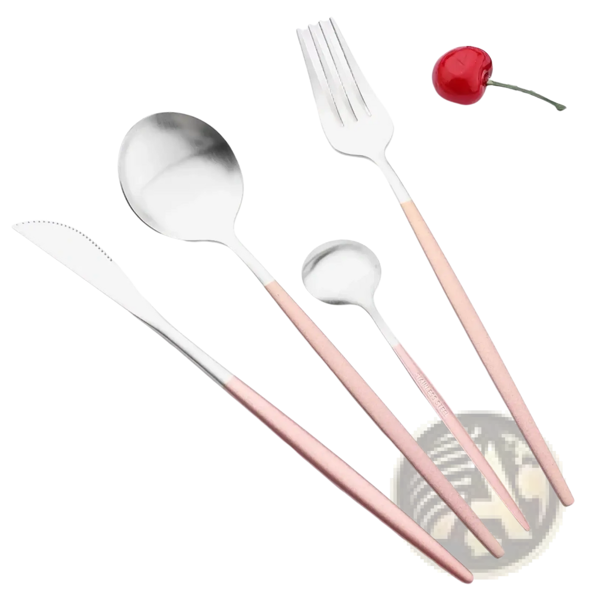 Modern rose gold and stainless steel luxury pink cutlery set with sleek tapered handles for elegant dining