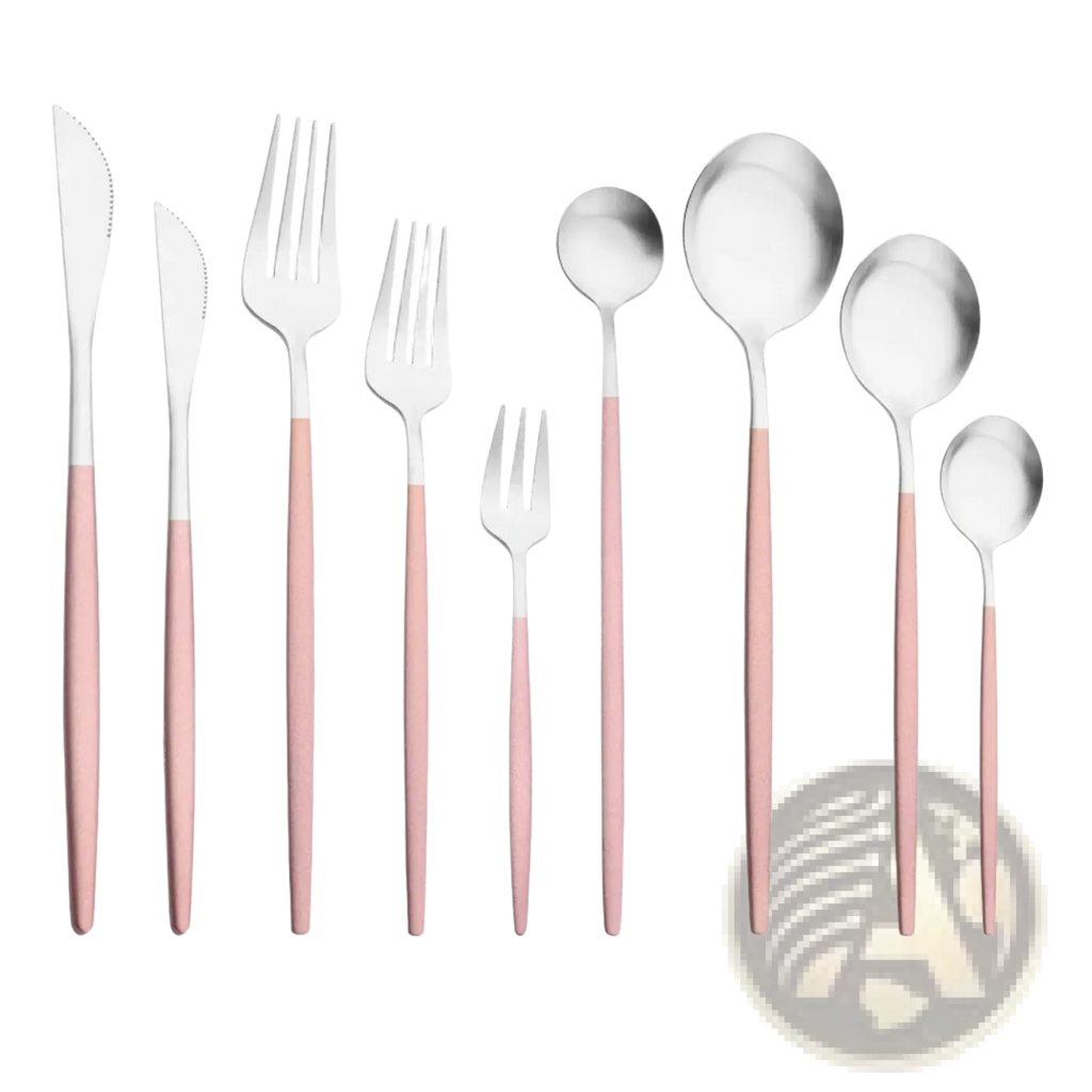 Set of stainless steel luxury pink cutlery with sleek pink handles and polished stainless steel heads