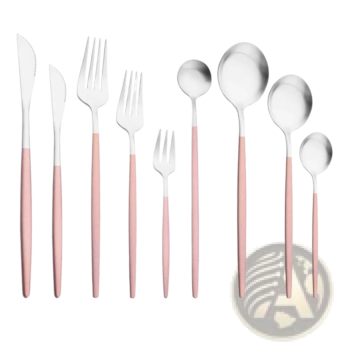 Set of stainless steel luxury pink cutlery with sleek pink handles and polished stainless steel heads