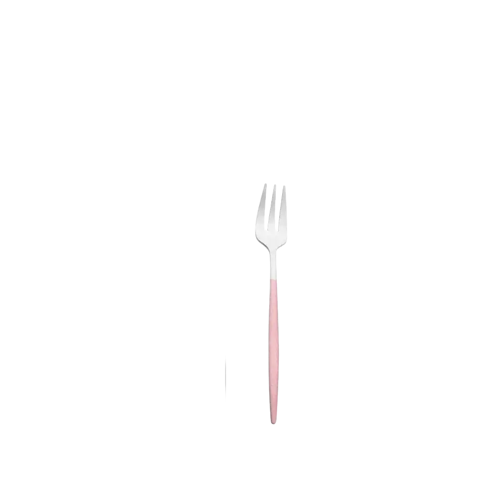 A sleek 13.5cm stainless steel luxury fork with a shiny metallic head and pink handle from the cutlery set