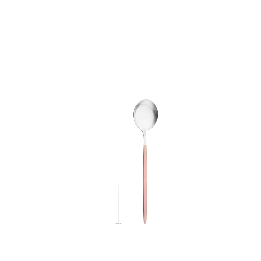 A sleek 13cm stainless steel luxury pink spoon with a polished silver bowl and rose gold handle