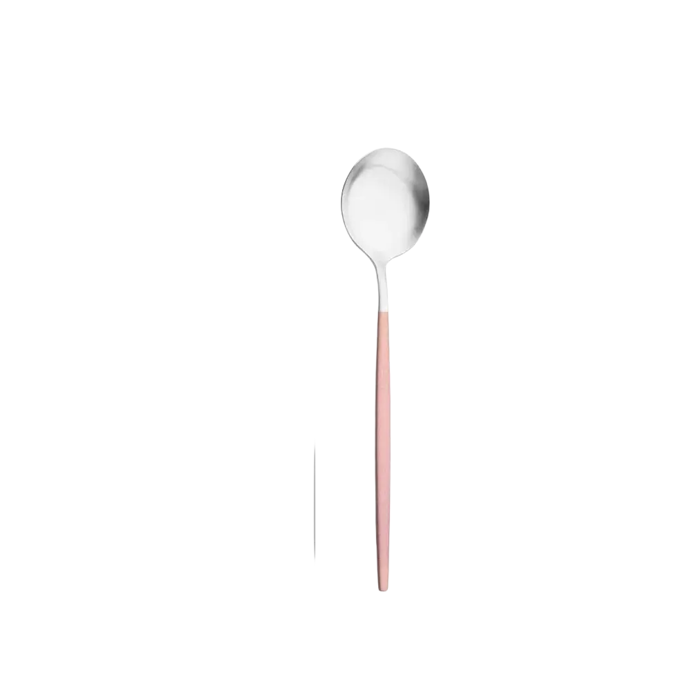 A sleek 18.5cm stainless steel luxury pink spoon with a polished silver bowl and matte handle weighing 30g