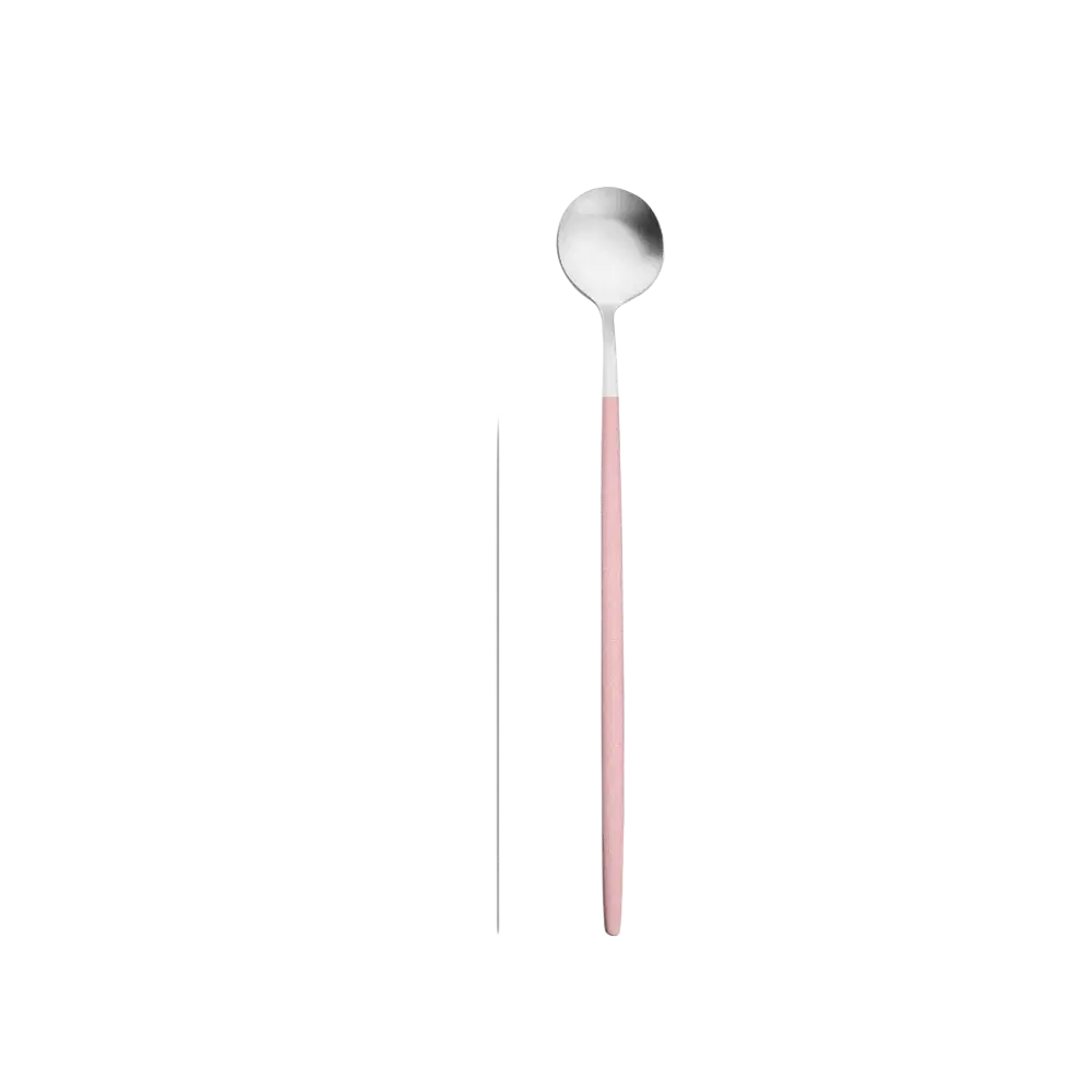 A sleek 20cm pink-handled stainless steel spoon with a shiny metallic bowl weighing 20g from the luxury cutlery set