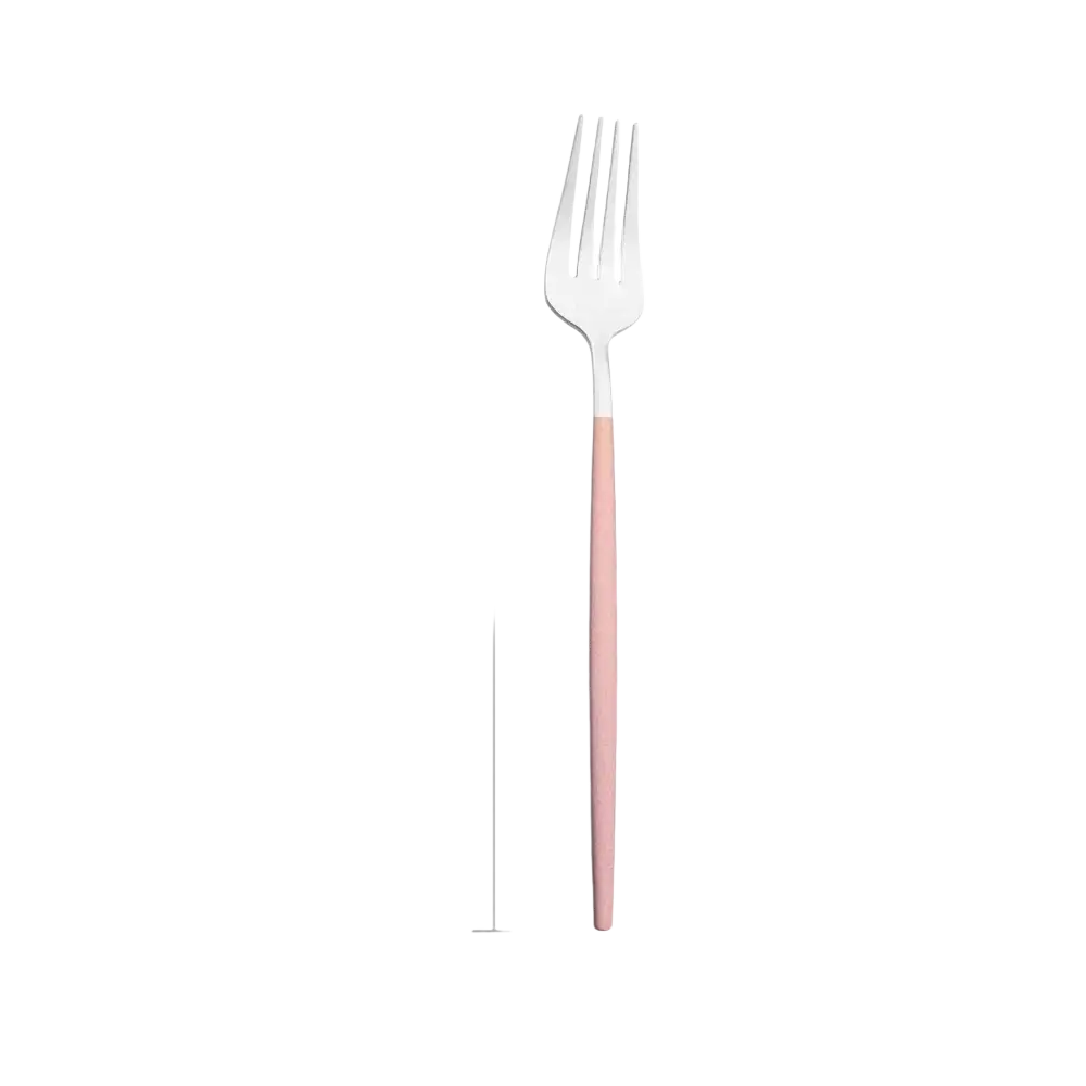 A stainless steel luxury pink cutlery set fork with a matte pink handle and polished silver tines measuring 21.5cm