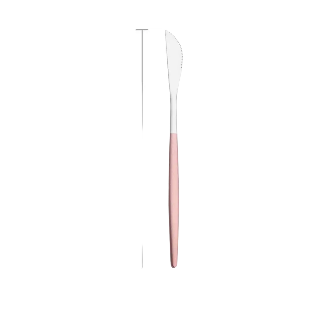 A sleek 22cm stainless steel luxury steak knife with a serrated polished silver blade and pink handle weighing 40g