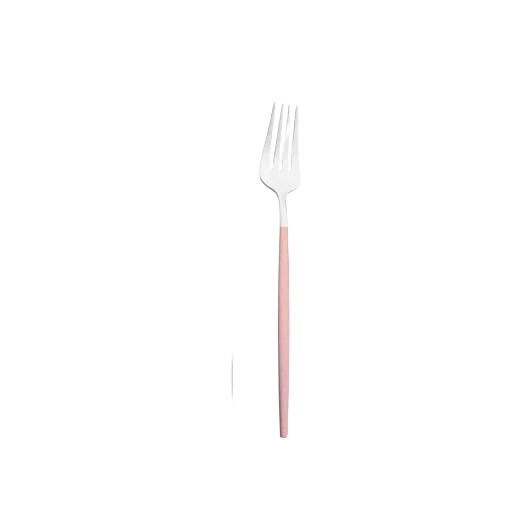 A sleek pink-handled stainless steel fork with polished silver head measuring 18.5cm and weighing 20g from luxury cutlery set