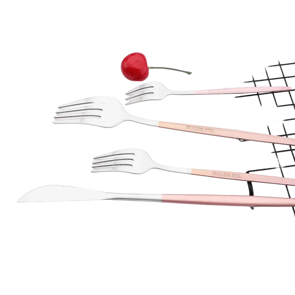 Set of three rose gold and stainless steel dinner forks with sleek modern design from stainless steel luxury pink cutlery set