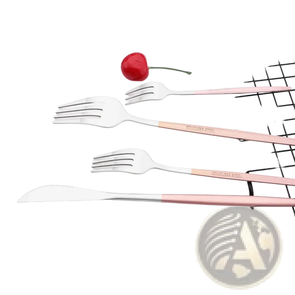 Set of three rose gold and stainless steel dinner forks with sleek modern design from stainless steel luxury pink cutlery set