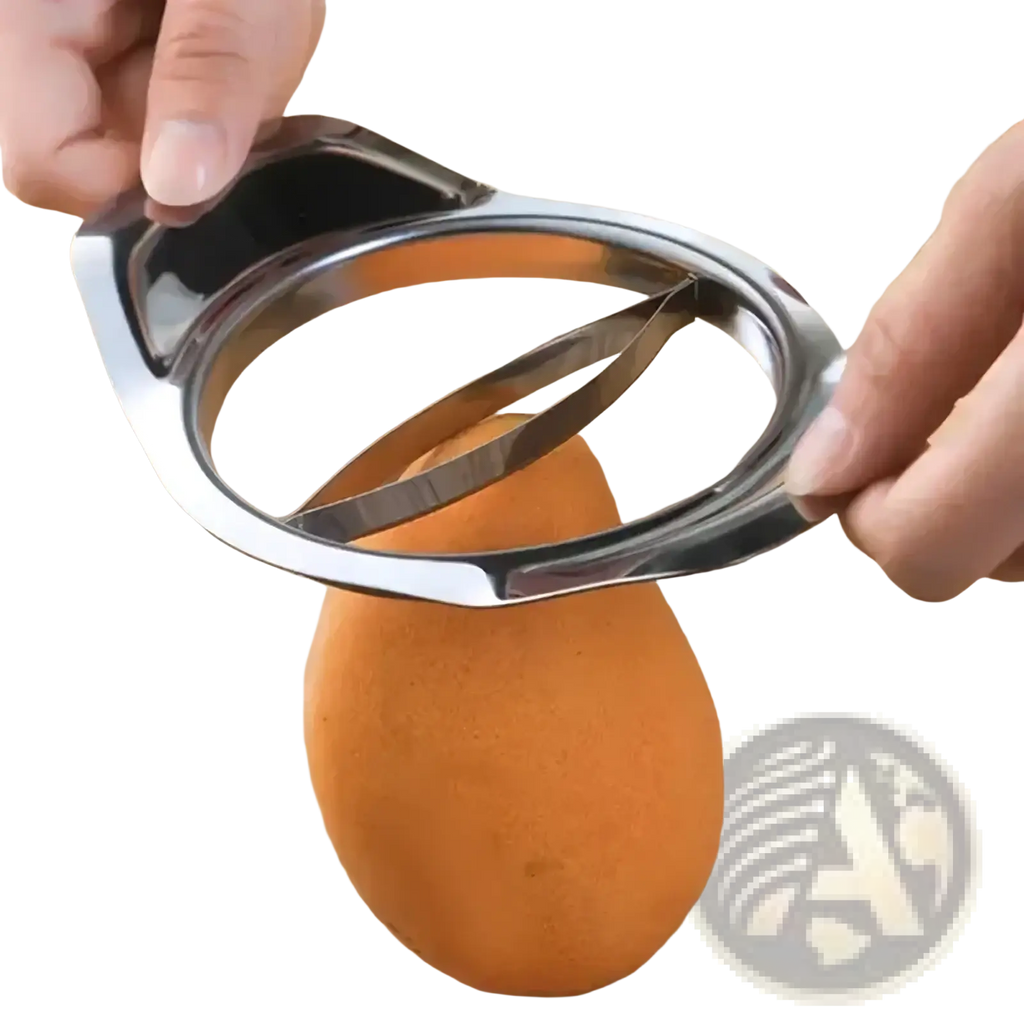 Stainless steel mango slicer and core remover with shiny finish and sleek circular design featuring two intersecting blades