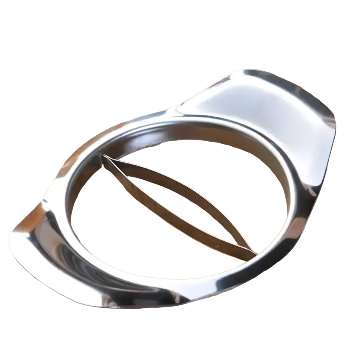 Stainless steel mango slicer and core remover with shiny oval design and two curved blades for easy slicing