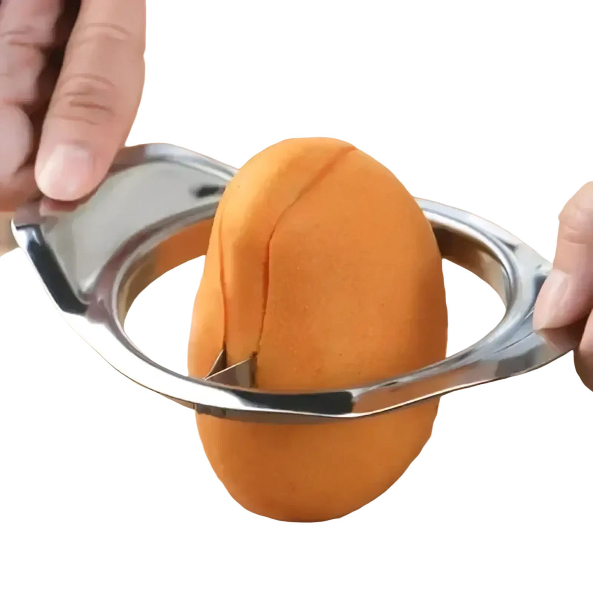 Stainless steel mango slicer and core remover with shiny circular ring and two handles for clean egg slicing
