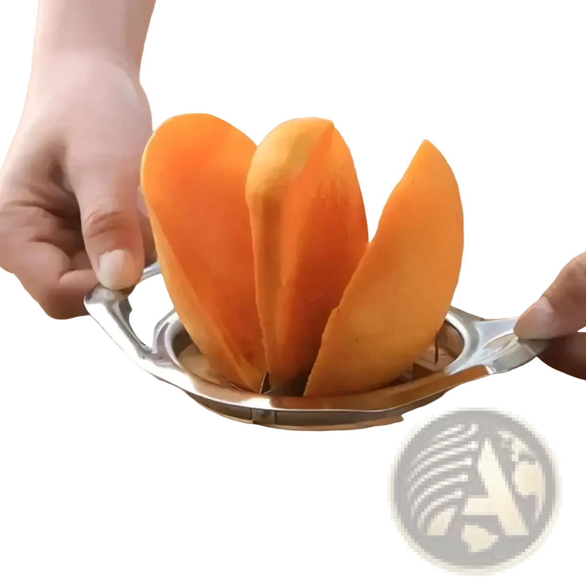 Stainless steel mango slicer and core remover with shiny finish and flower design holding three sliced orange mango segments