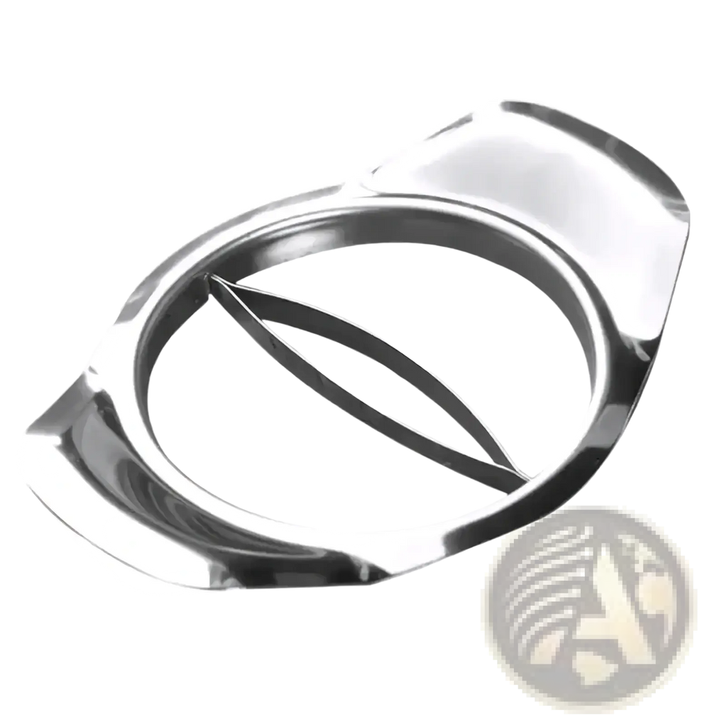 Stainless steel mango slicer and core remover with shiny chrome finish and sleek design featuring two curved blades