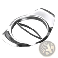 Stainless steel mango slicer and core remover with shiny chrome finish and sleek design featuring two curved blades