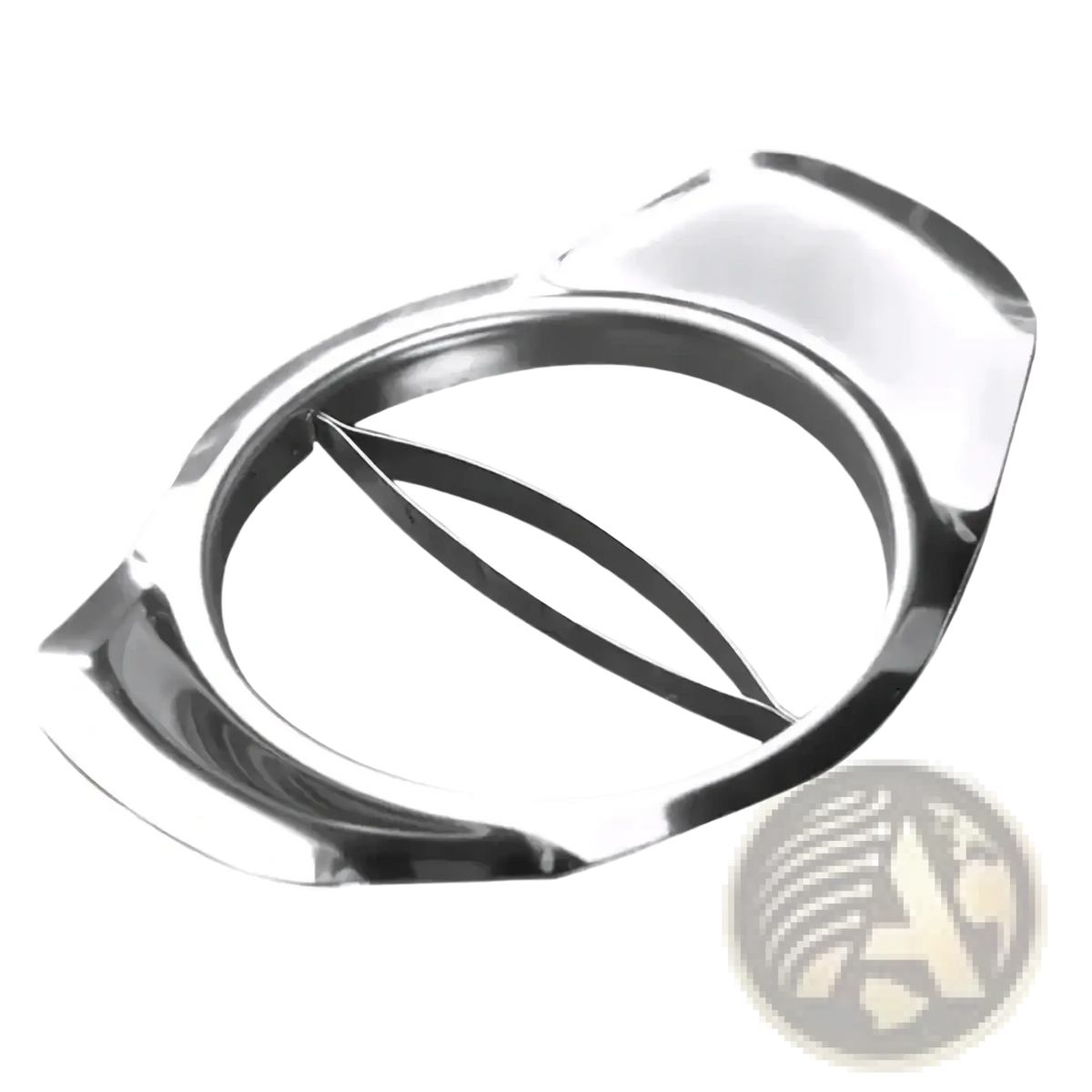 Stainless steel mango slicer and core remover with shiny chrome finish and sleek design featuring two curved blades