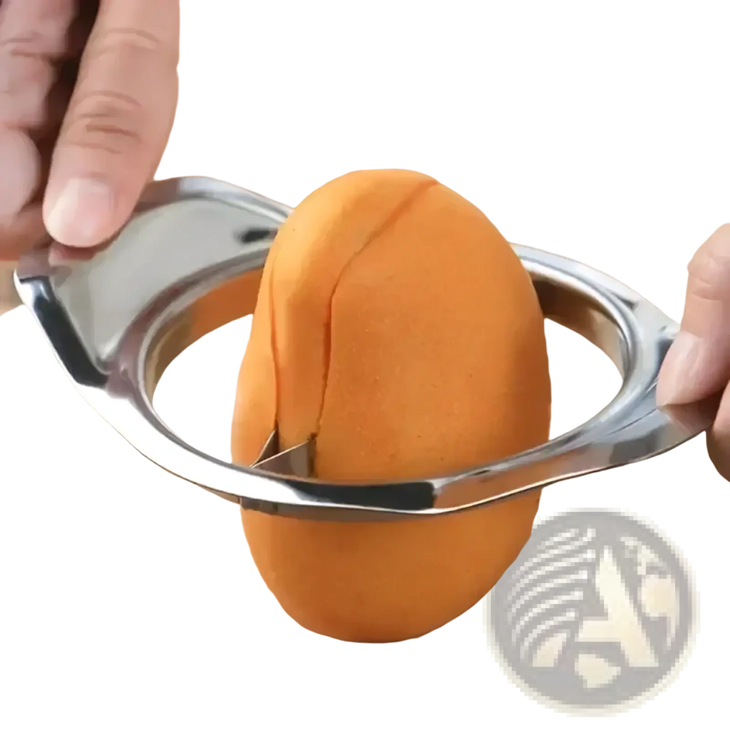 Stainless steel mango slicer and core remover with shiny circular ring and two handles for clean egg slicing
