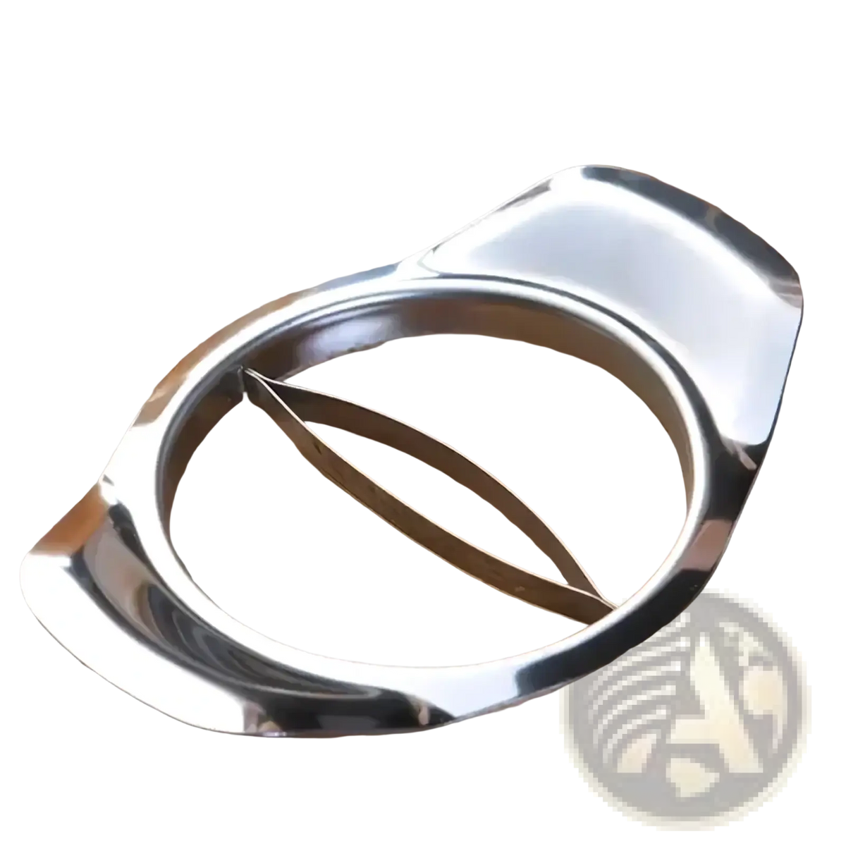Stainless steel mango slicer and core remover with shiny oval design and two curved blades for easy slicing