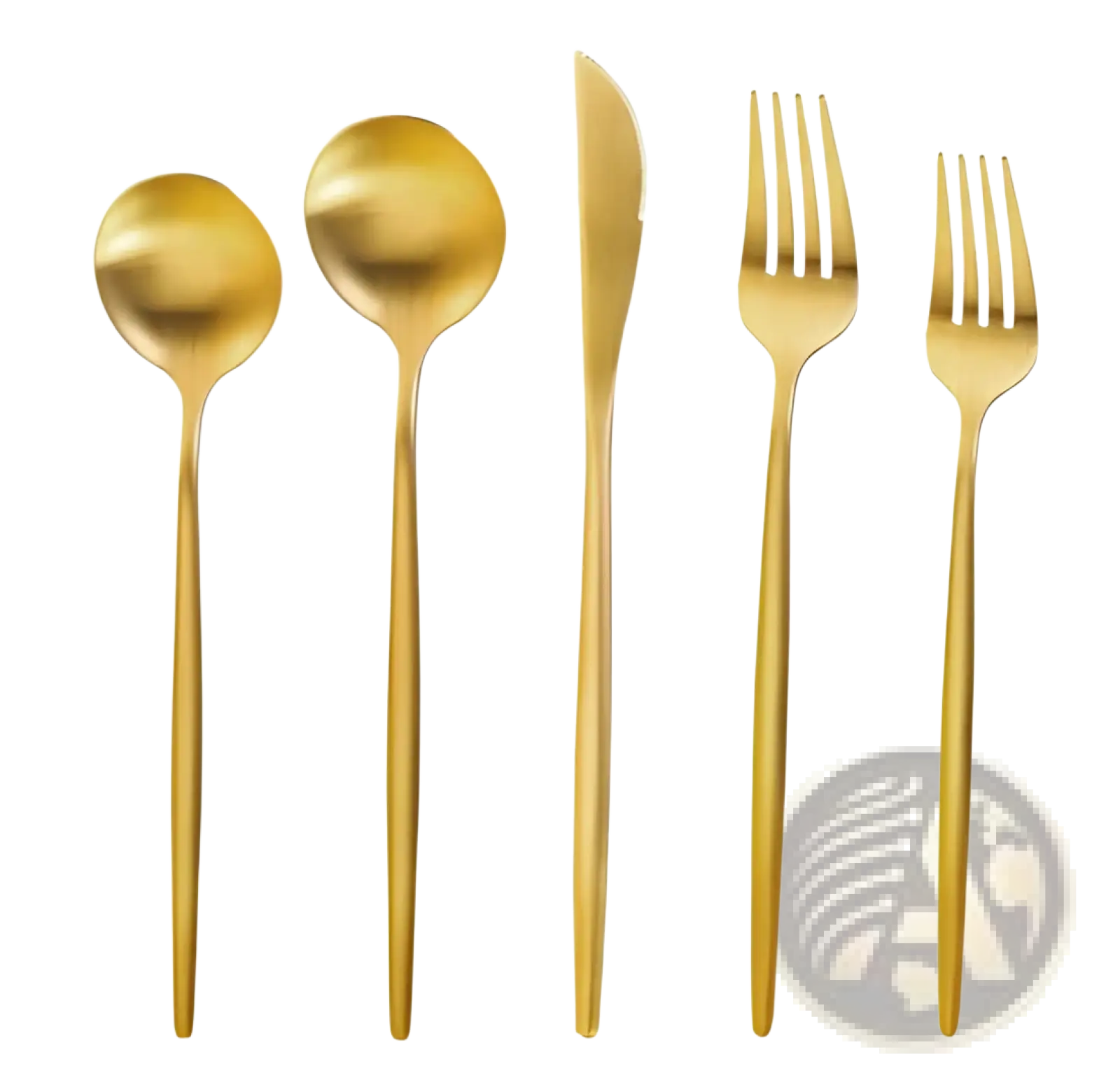 Gold-colored stainless steel matte cutlery set with minimalist design featuring two spoons one knife and two forks