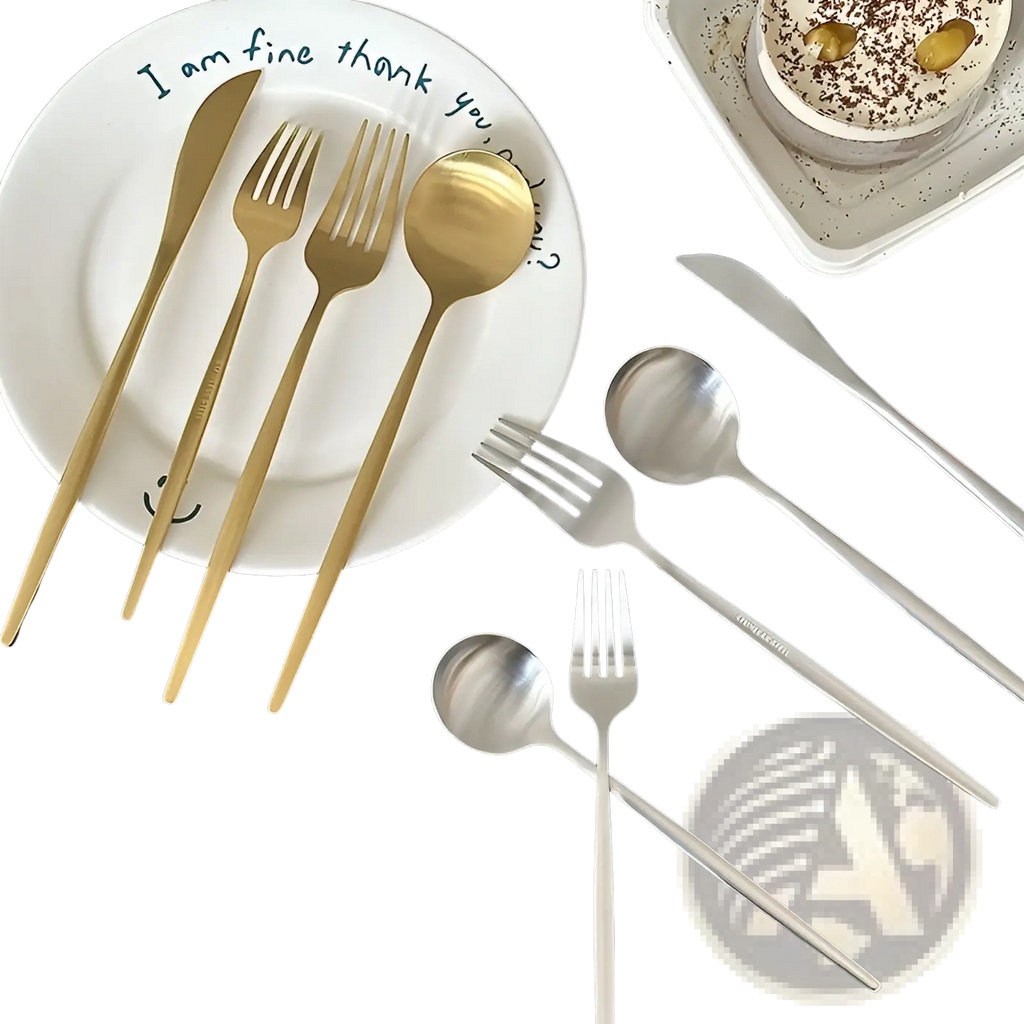 Gold and silver stainless steel matte cutlery set with sleek modern minimalist flatware design