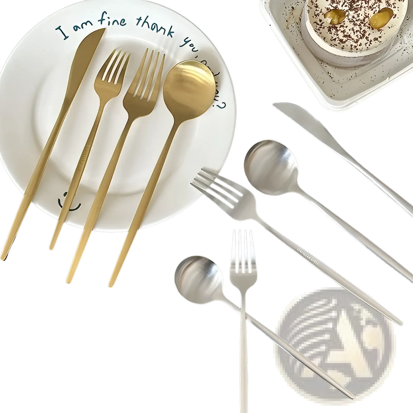 Gold and silver stainless steel matte cutlery set with sleek modern minimalist flatware design