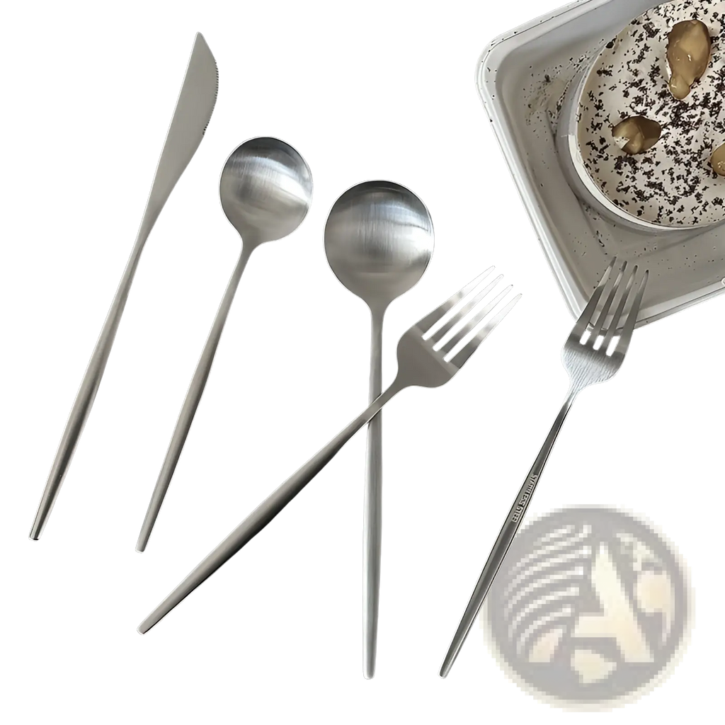 Set of minimalist silver-toned stainless steel matte cutlery with sleek modern design for elegant dining