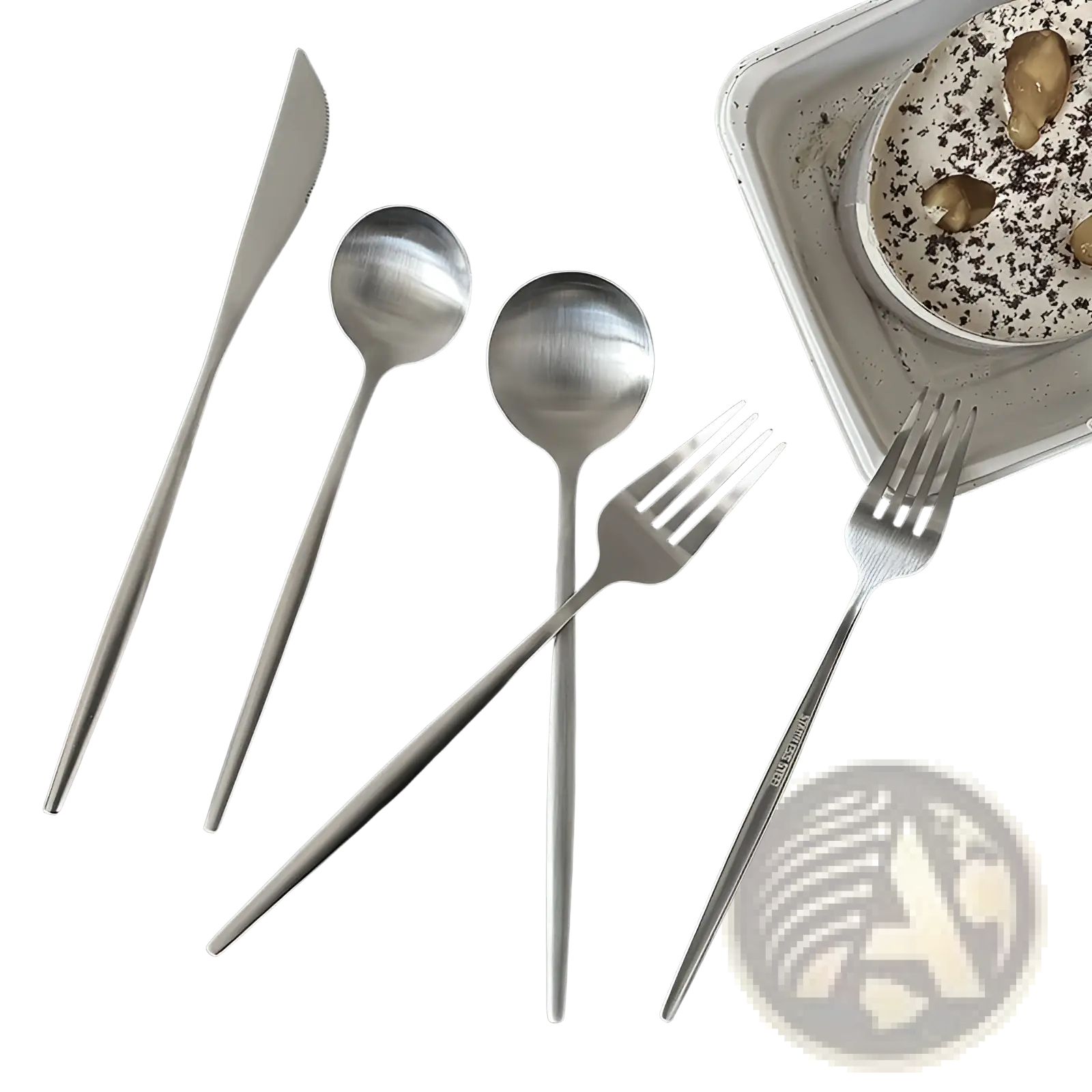 Set of minimalist silver-toned stainless steel matte cutlery with sleek modern design for elegant dining