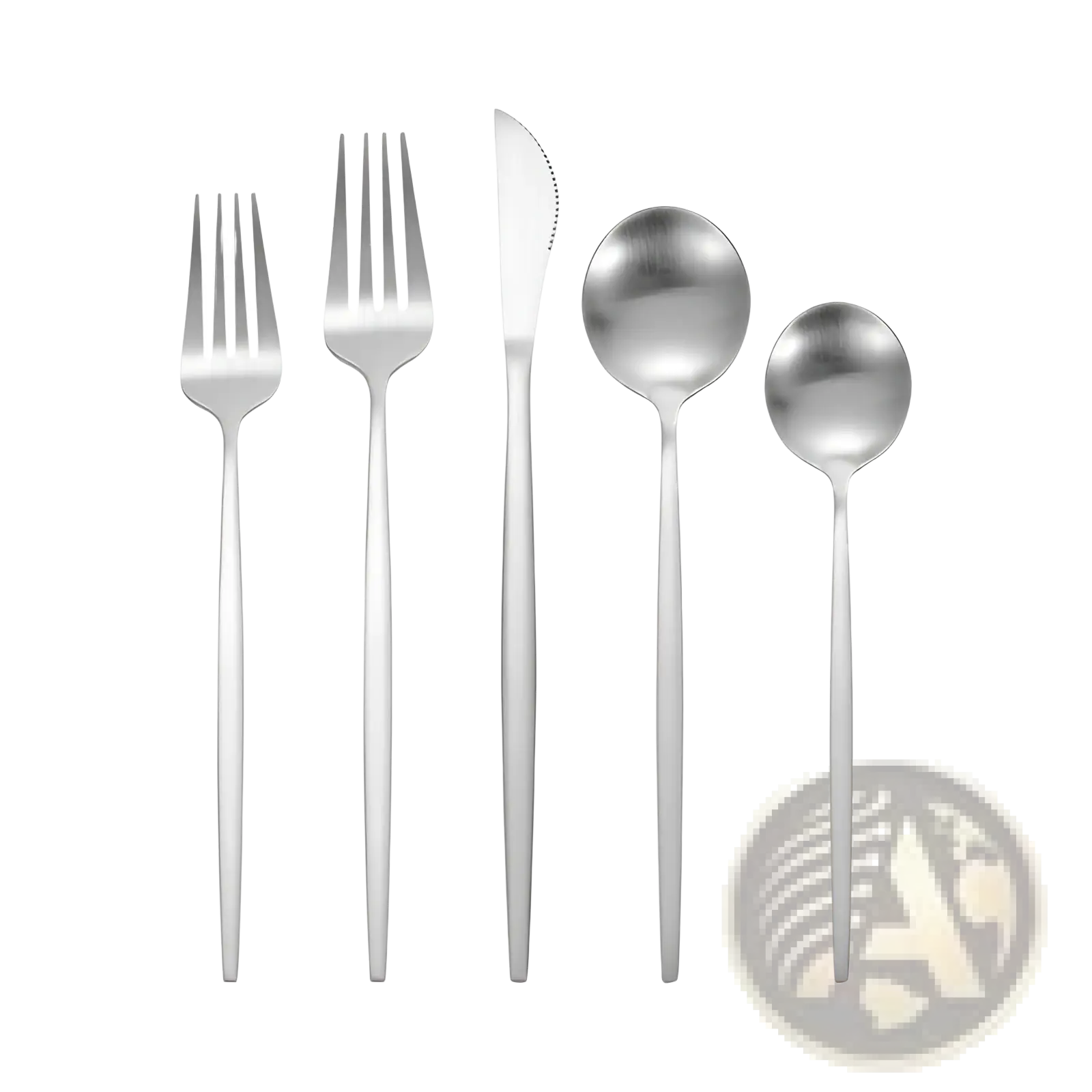 Set of five stainless steel matte cutlery pieces with sleek modern minimalist flatware design in silver color